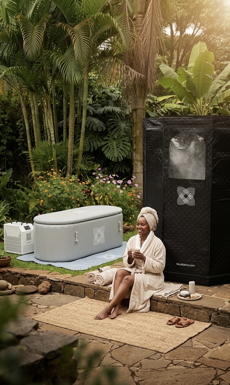 Kenyan woman in a robe seated beside a NiceBaths portable ice bath, chiller and steam sauna tent in a lush tropical garden
